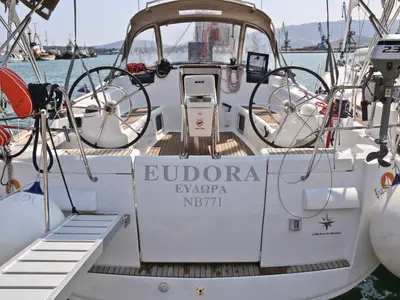 Cockpit of Eudora, a Jeanneau Sun Odyssey 439 sailboat at Loutraki, Greece