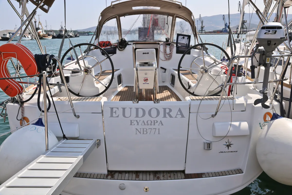 Cockpit of Eudora, a Jeanneau Sun Odyssey 439 sailboat at Loutraki, Greece