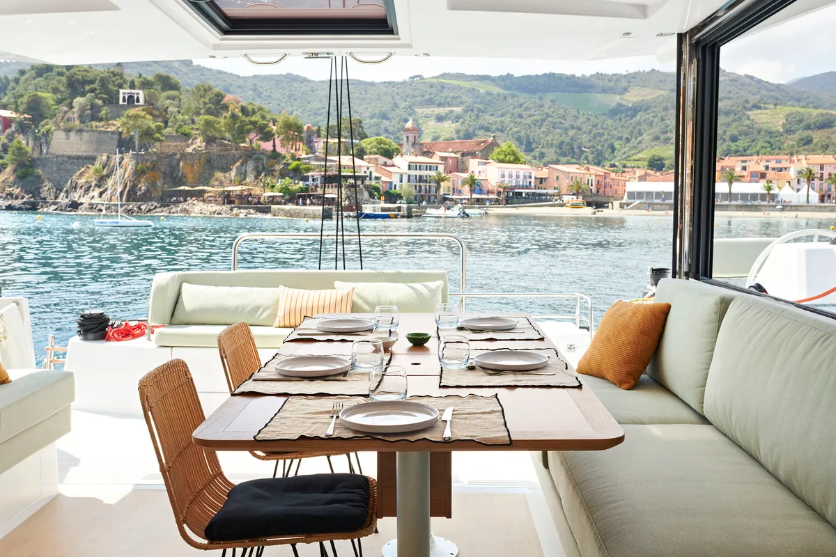 Deck of Nereides II, a Bali Catsmart catamaran at Saint-Mandrier-sur-Mer, France