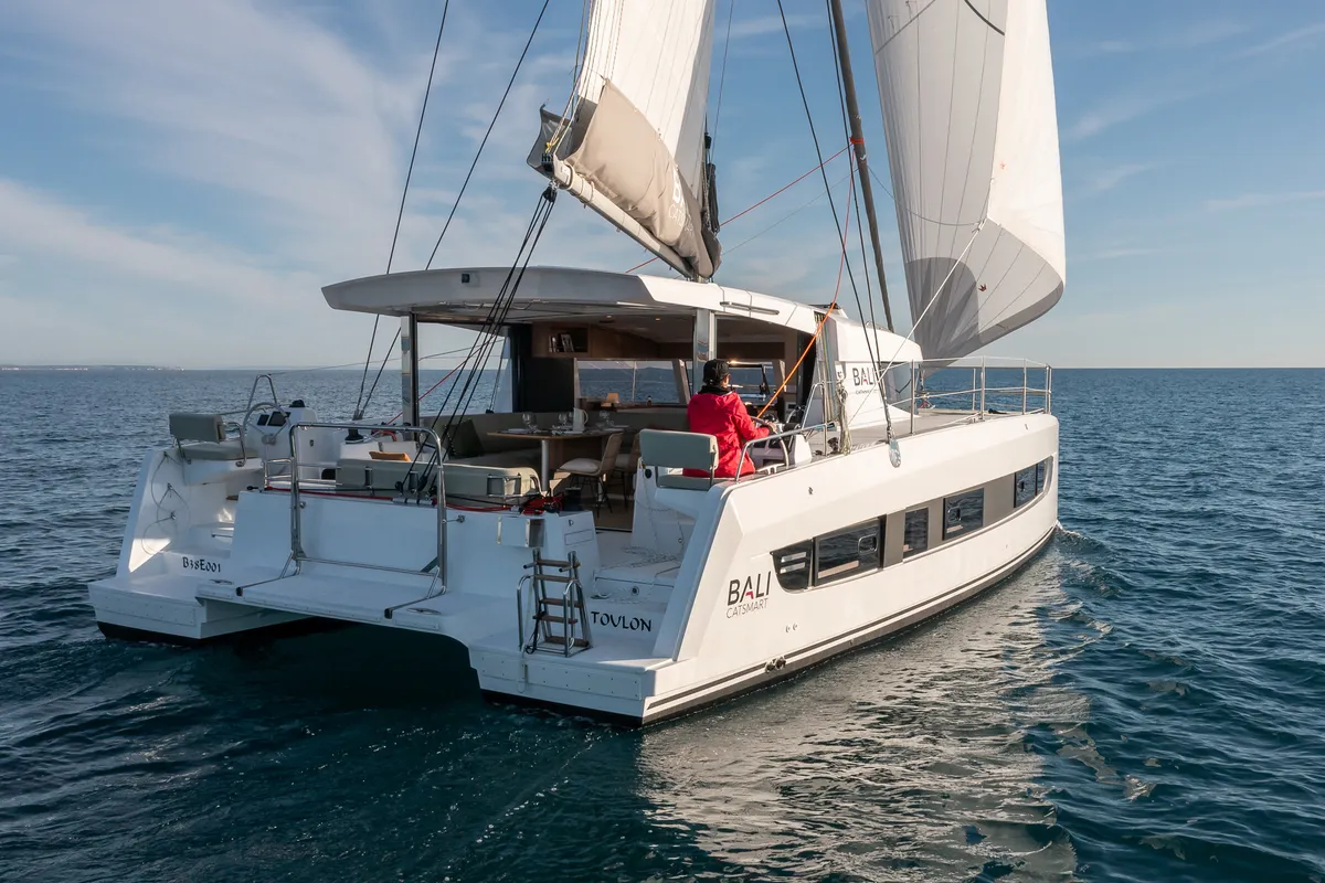 Exterior view of Nereides II, a Bali Catsmart catamaran at Saint-Mandrier-sur-Mer, France