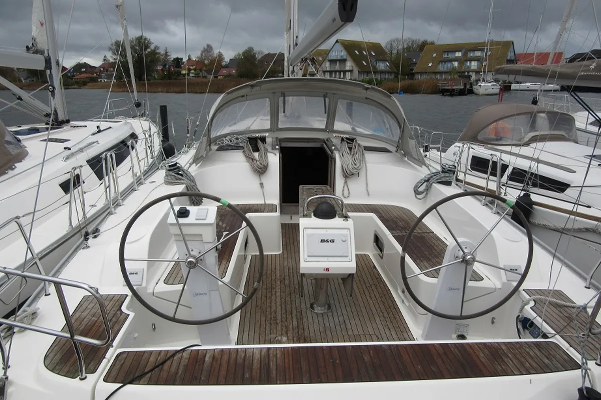Cockpit of Six, a Bavaria Cruiser 46 sailboat at Fisksätra, Sweden