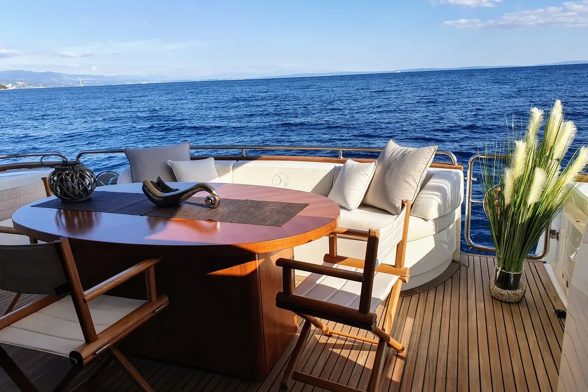 Deck of Lukas, a Evo Marine Deauville 760 motor yacht at Split, Croatia