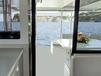 Deck of Sunsail 454L Premium, a Leopard 45 catamaran at Kontokali, Greece