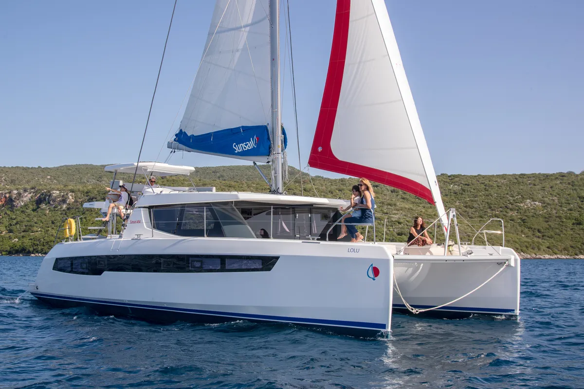Exterior view of Sunsail 454L Premium, a Leopard 45 catamaran at Kontokali, Greece