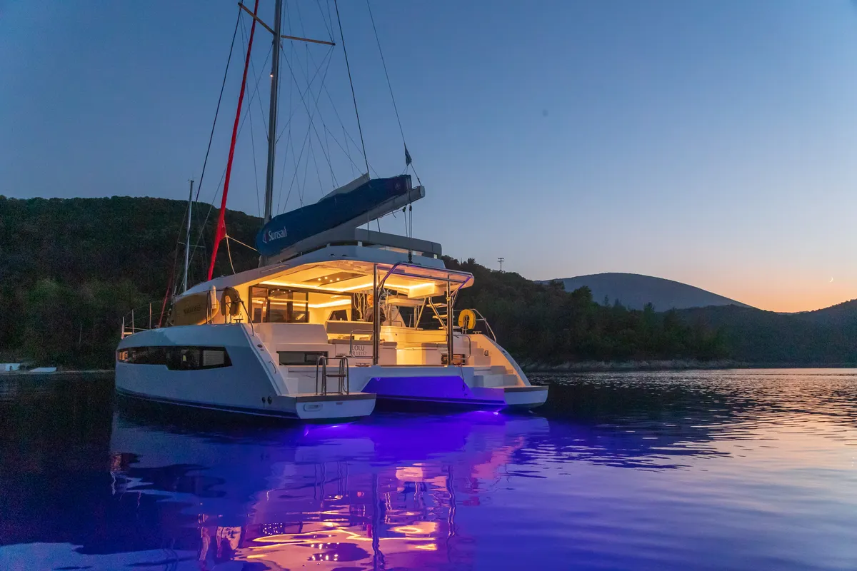 Exterior view of Sunsail 454L Premium, a Leopard 45 catamaran at Kontokali, Greece