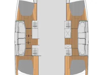 Floor plan of Olympia Athena, a Fountaine Pajot Elba 45 catamaran at Agios Stefanos, Greece