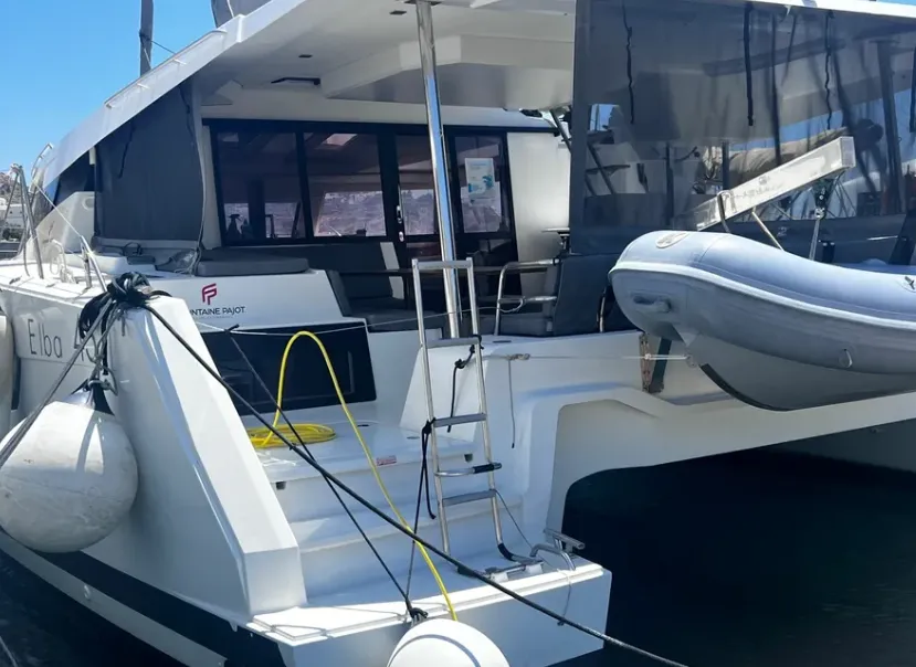 Olympia Athena, a Fountaine Pajot Elba 45 catamaran at Agios Stefanos, Greece