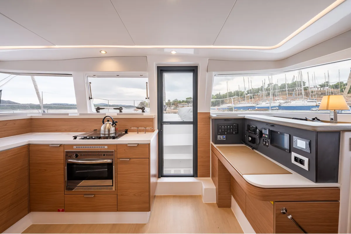 Galley of Rubaiyat, a Bali 4.2 catamaran at Municipal Unit of Lefkada, Greece