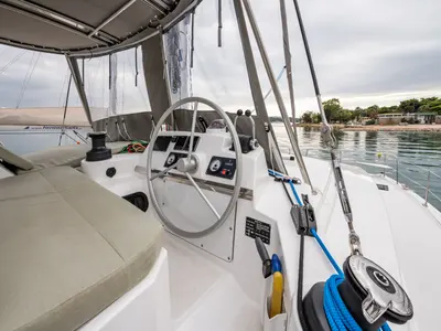 Cockpit of Rubaiyat, a Bali 4.2 catamaran at Municipal Unit of Lefkada, Greece