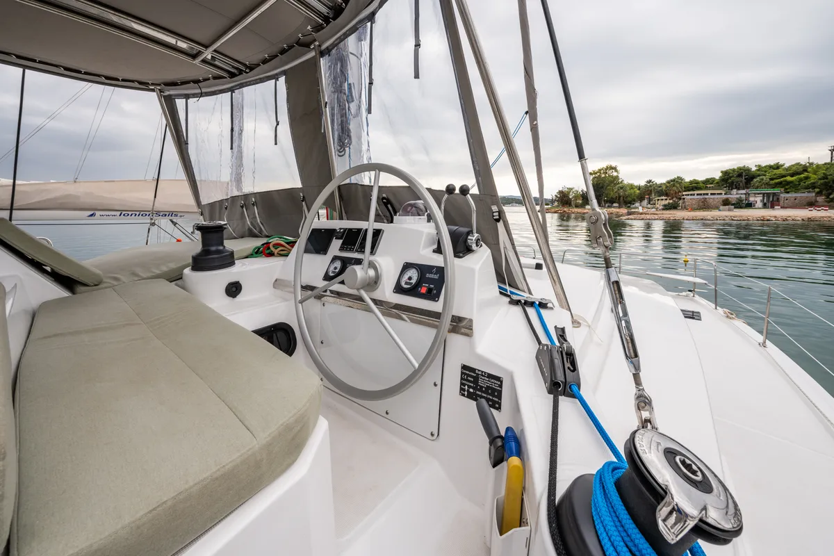 Cockpit of Rubaiyat, a Bali 4.2 catamaran at Municipal Unit of Lefkada, Greece