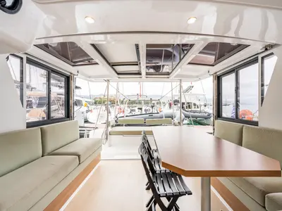 Salon of Rubaiyat, a Bali 4.2 catamaran at Municipal Unit of Lefkada, Greece