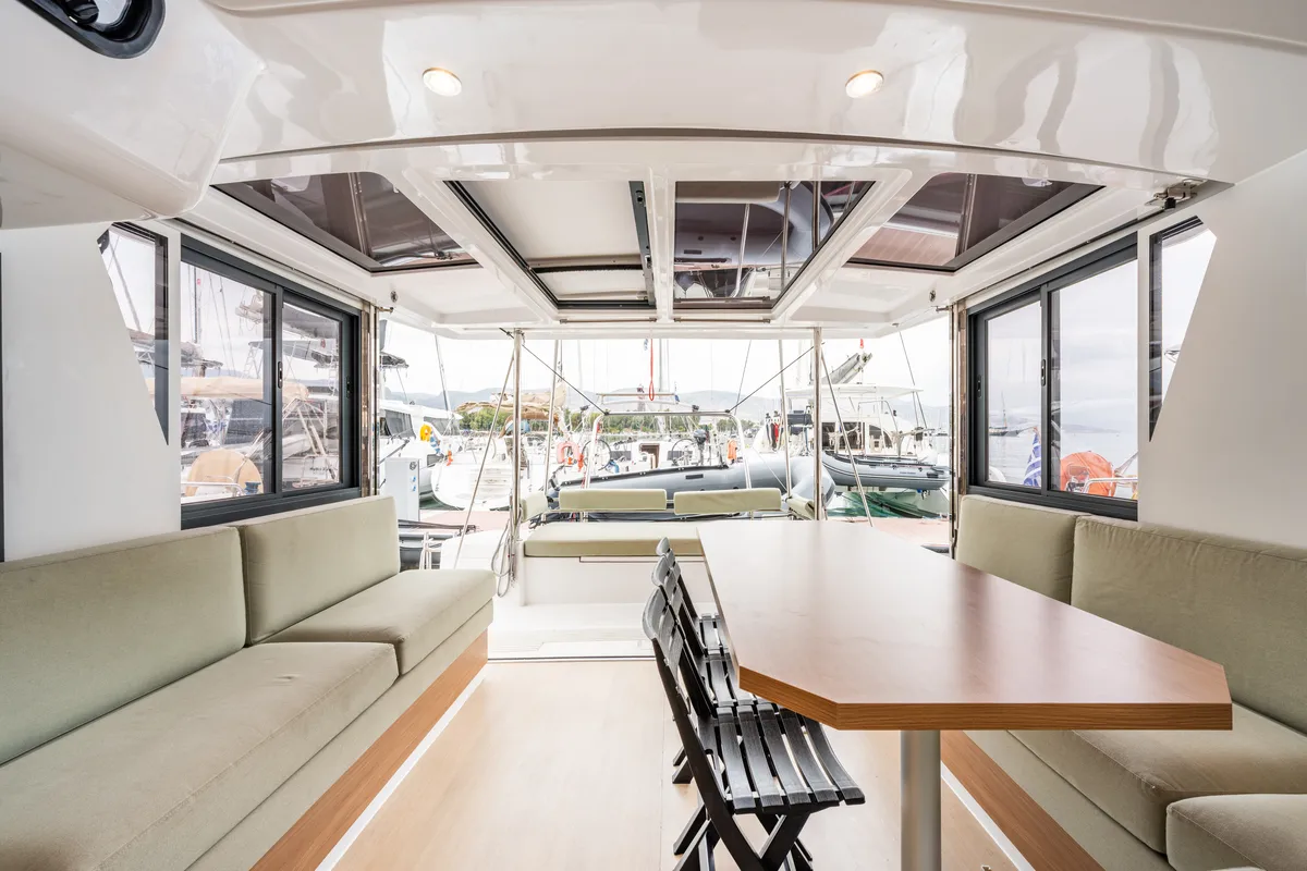 Salon of Rubaiyat, a Bali 4.2 catamaran at Municipal Unit of Lefkada, Greece