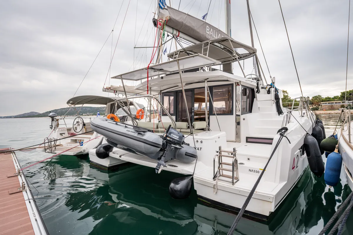 Exterior view of Rubaiyat, a Bali 4.2 catamaran at Municipal Unit of Lefkada, Greece