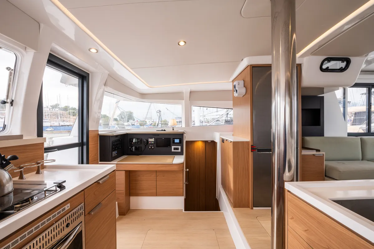Galley of Rubaiyat, a Bali 4.2 catamaran at Municipal Unit of Lefkada, Greece