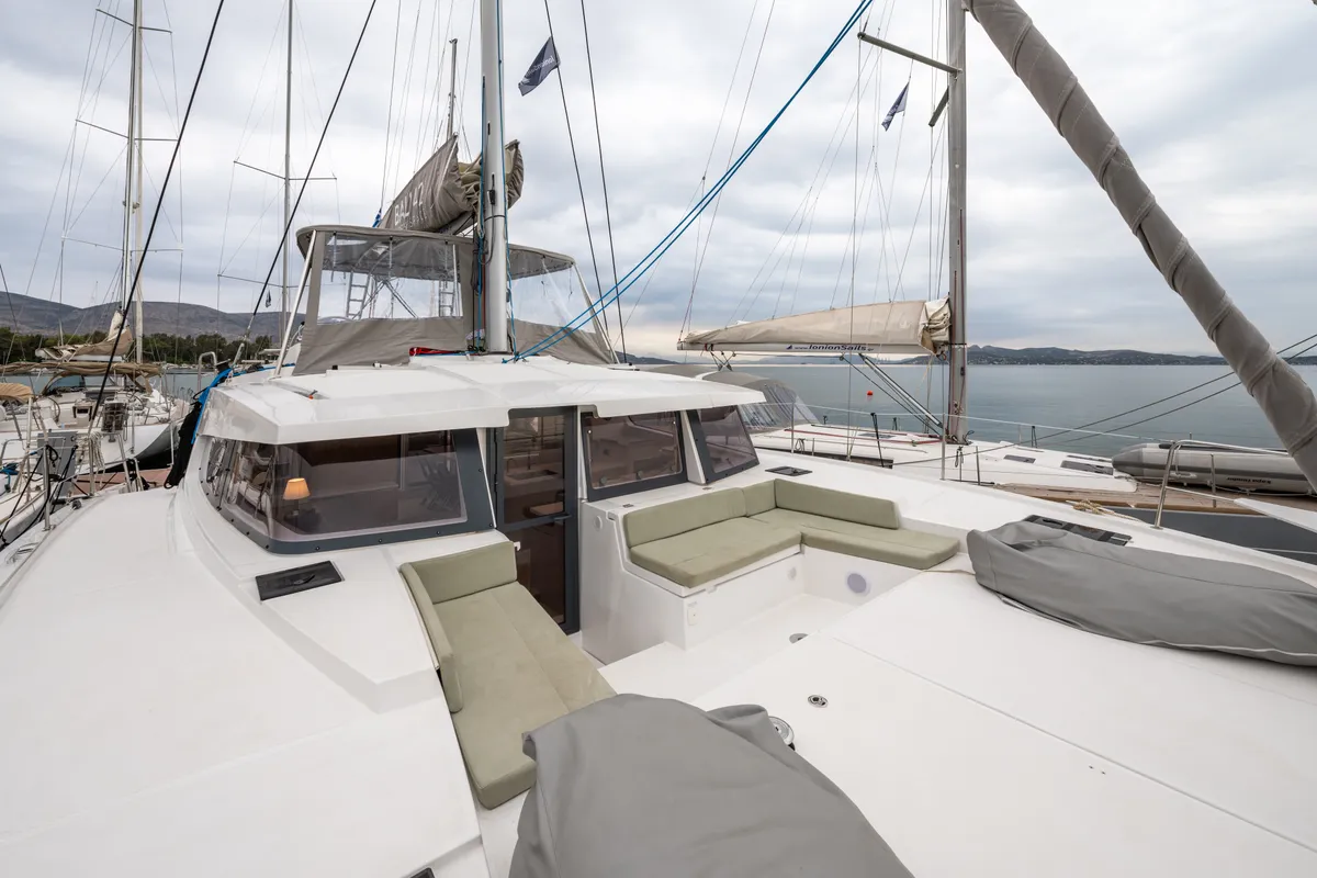 Deck of Rubaiyat, a Bali 4.2 catamaran at Municipal Unit of Lefkada, Greece