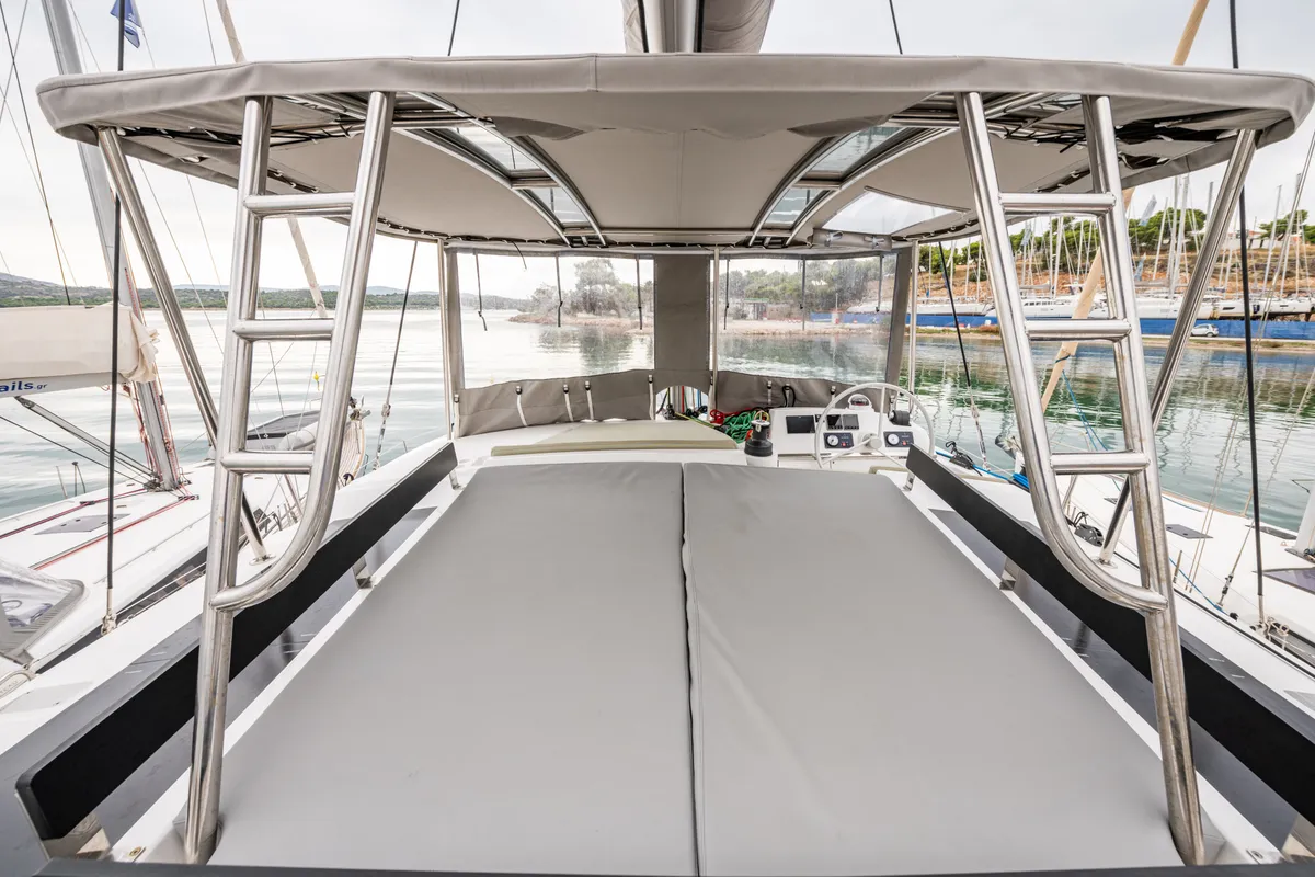 Deck of Rubaiyat, a Bali 4.2 catamaran at Municipal Unit of Lefkada, Greece