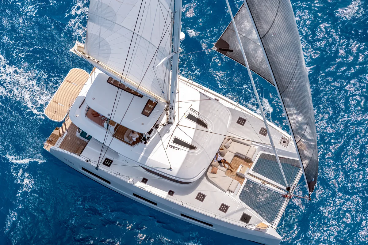 Exterior view of POSEIRA, a Lagoon 55 catamaran at Athens, Greece