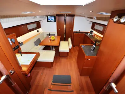 Salon of Pherousa, a Beneteau Oceanis 48 sailboat at Lavreotiki Municipal Unit, Greece