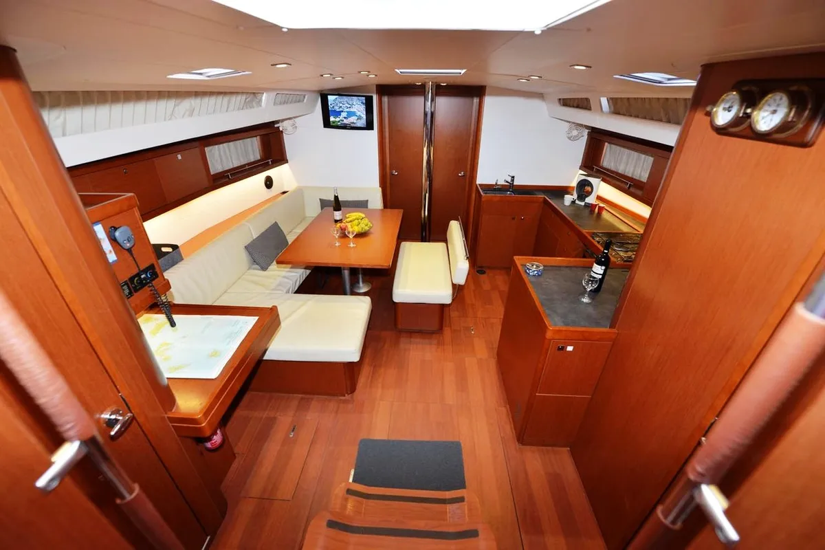 Salon of Pherousa, a Beneteau Oceanis 48 sailboat at Lavreotiki Municipal Unit, Greece