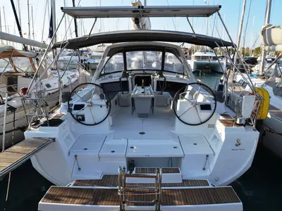 Cockpit of Pherousa, a Beneteau Oceanis 48 sailboat at Lavreotiki Municipal Unit, Greece
