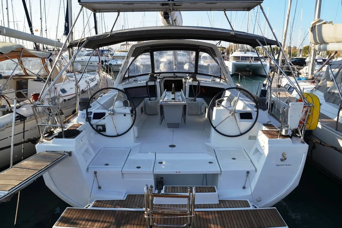 Cockpit of Pherousa, a Beneteau Oceanis 48 sailboat at Lavreotiki Municipal Unit, Greece