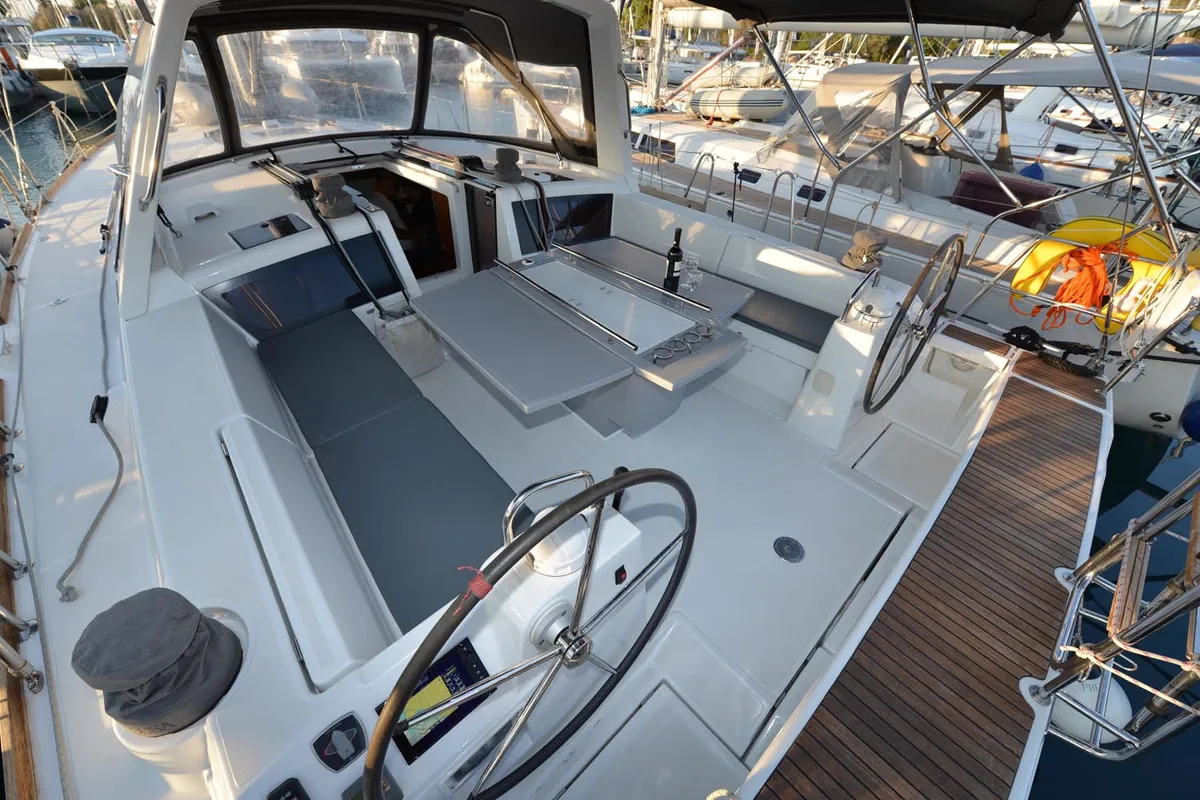 Cockpit of Pherousa, a Beneteau Oceanis 48 sailboat at Lavreotiki Municipal Unit, Greece