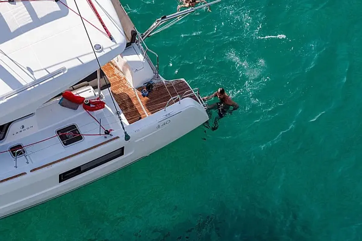 Deck of Twilight, a Lagoon 40 catamaran at Grad Trogir, Croatia