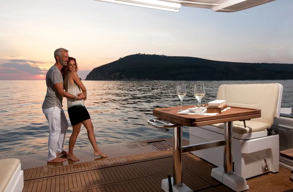 Deck of Zanngi, a Bavaria Virtess 420 Fly motor yacht at Podstrana - Miljevac, Croatia
