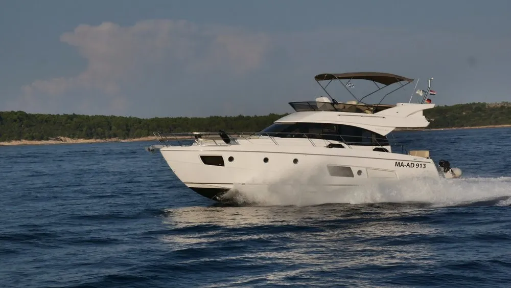 Exterior view of Zanngi, a Bavaria Virtess 420 Fly motor yacht at Podstrana - Miljevac, Croatia