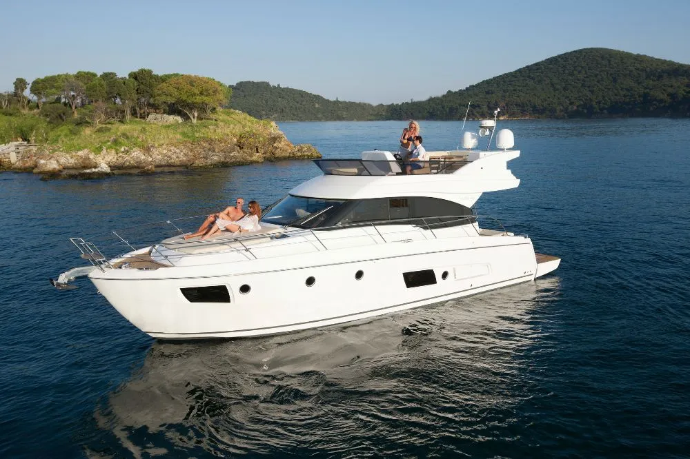 Exterior view of Zanngi, a Bavaria Virtess 420 Fly motor yacht at Podstrana - Miljevac, Croatia