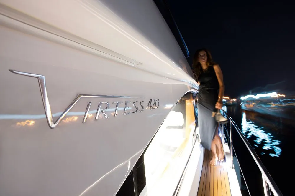 Exterior view of Zanngi, a Bavaria Virtess 420 Fly motor yacht at Podstrana - Miljevac, Croatia