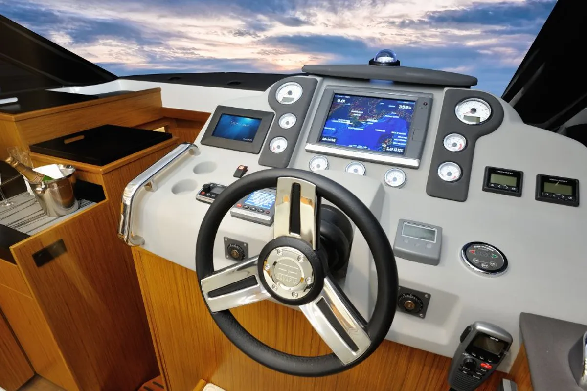 Cockpit of Zanngi, a Bavaria Virtess 420 Fly motor yacht at Podstrana - Miljevac, Croatia