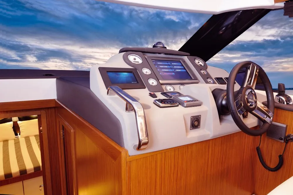 Cockpit of Zanngi, a Bavaria Virtess 420 Fly motor yacht at Podstrana - Miljevac, Croatia