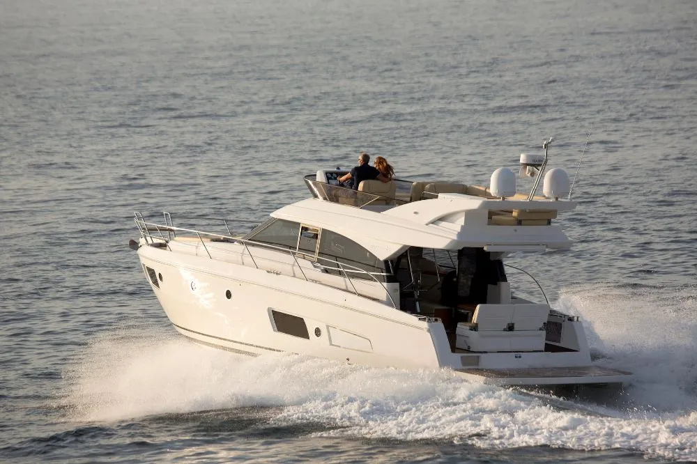 Exterior view of Zanngi, a Bavaria Virtess 420 Fly motor yacht at Podstrana - Miljevac, Croatia