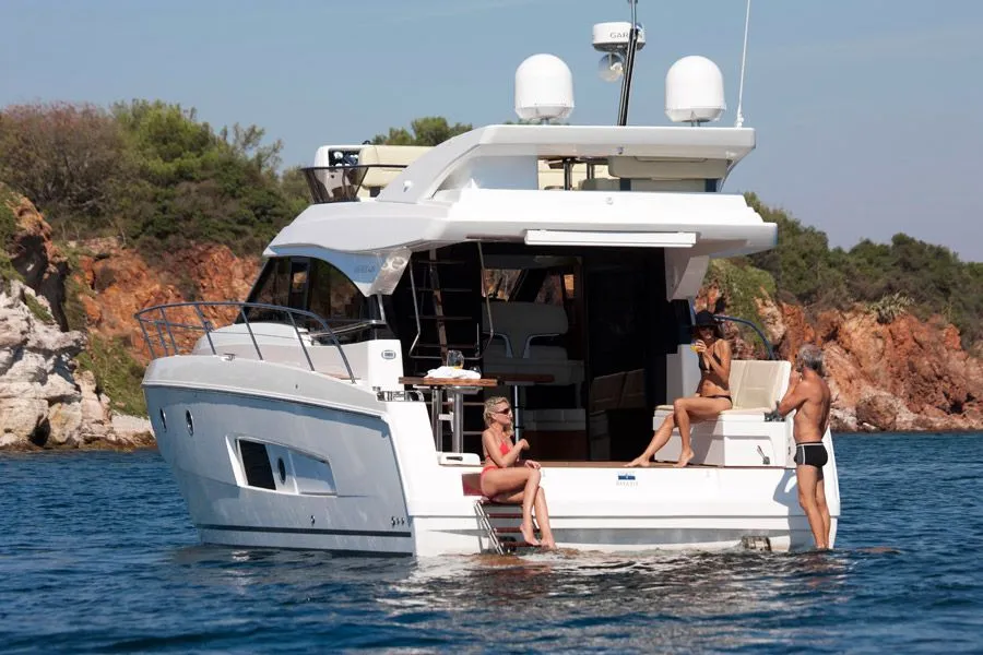 Exterior view of Zanngi, a Bavaria Virtess 420 Fly motor yacht at Podstrana - Miljevac, Croatia