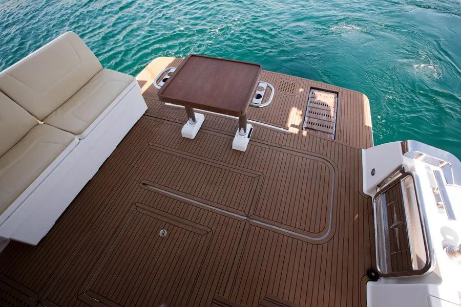Deck of Zanngi, a Bavaria Virtess 420 Fly motor yacht at Podstrana - Miljevac, Croatia