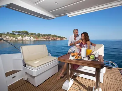 Deck of Zanngi, a Bavaria Virtess 420 Fly motor yacht at Podstrana - Miljevac, Croatia