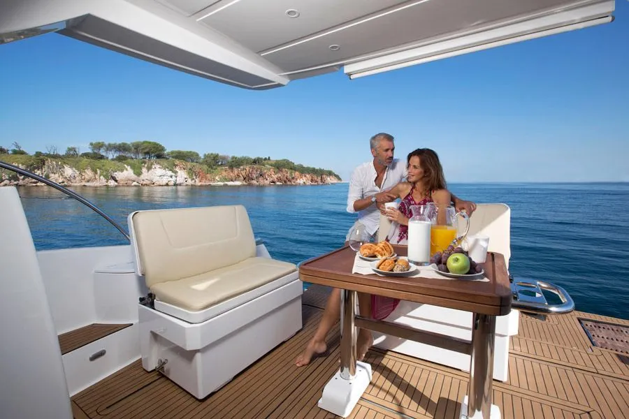 Deck of Zanngi, a Bavaria Virtess 420 Fly motor yacht at Podstrana - Miljevac, Croatia
