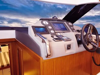 Cockpit of Zanngi, a Bavaria Virtess 420 Fly motor yacht at Podstrana - Miljevac, Croatia