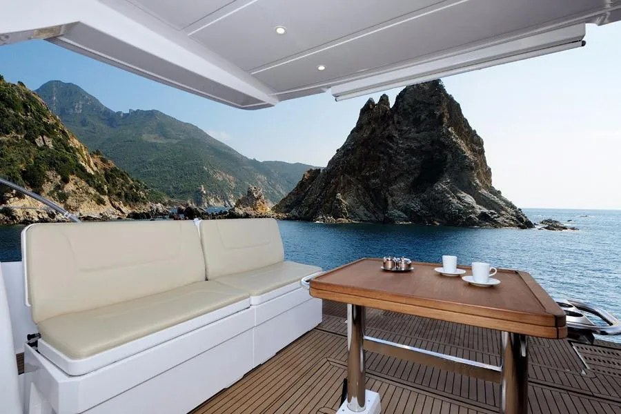 Deck of Zanngi, a Bavaria Virtess 420 Fly motor yacht at Podstrana - Miljevac, Croatia