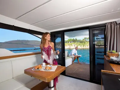 Salon of Zanngi, a Bavaria Virtess 420 Fly motor yacht at Podstrana - Miljevac, Croatia