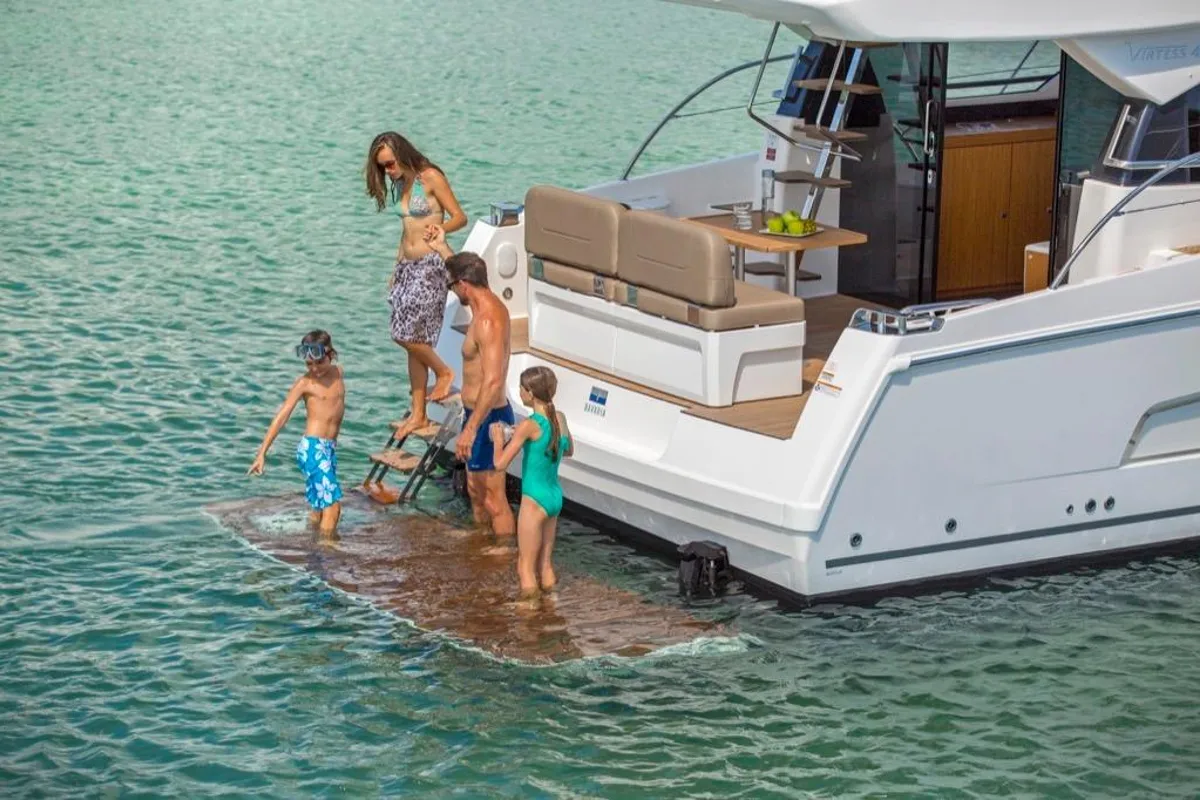 Deck of Zanngi, a Bavaria Virtess 420 Fly motor yacht at Podstrana - Miljevac, Croatia