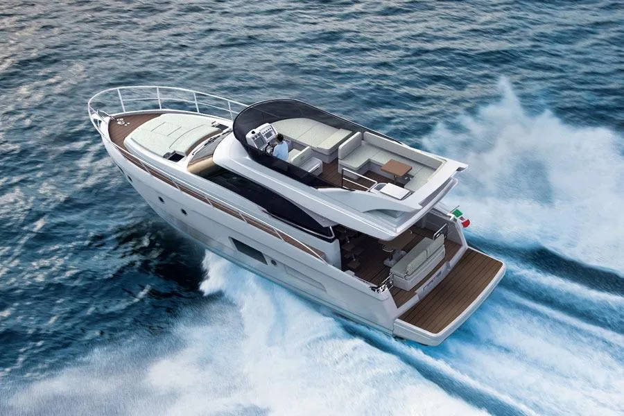 Exterior view of Zanngi, a Bavaria Virtess 420 Fly motor yacht at Podstrana - Miljevac, Croatia