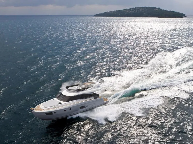 Exterior view of Zanngi, a Bavaria Virtess 420 Fly motor yacht at Podstrana - Miljevac, Croatia