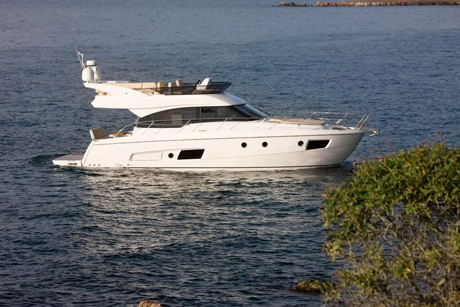 Exterior view of Zanngi, a Bavaria Virtess 420 Fly motor yacht at Podstrana - Miljevac, Croatia