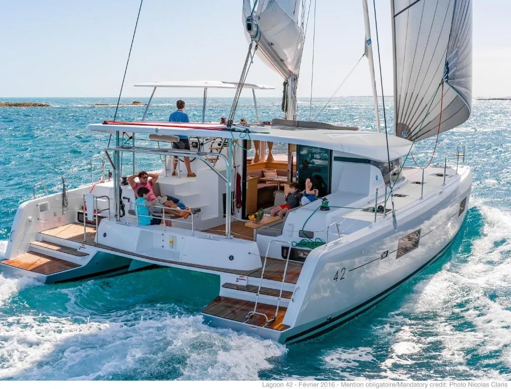 Exterior view of Lagoon 42 (2020) AM, a Lagoon 42 catamaran at Athens, Greece