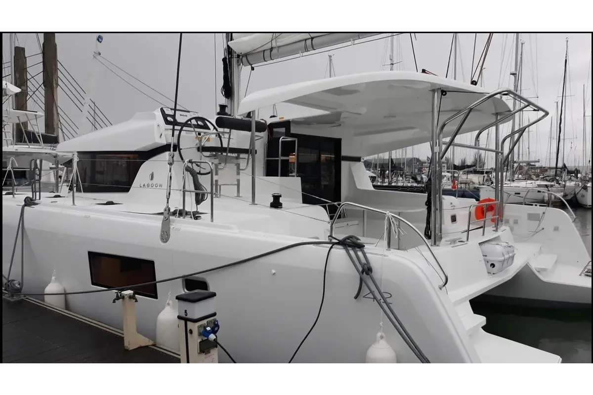 Exterior view of Lagoon 42 (2020) AM, a Lagoon 42 catamaran at Athens, Greece
