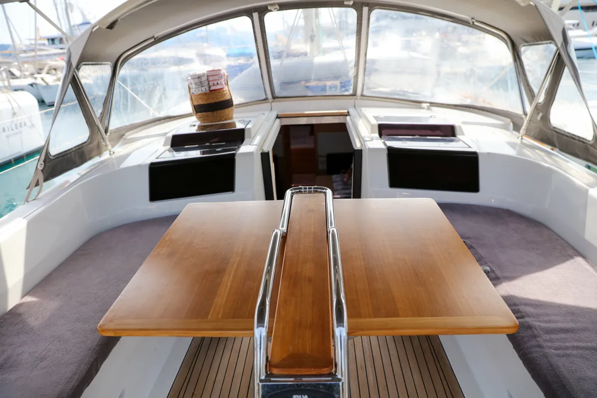 Deck of Celine 1, a Hanse 458 sailboat at Marmaris, Turkey