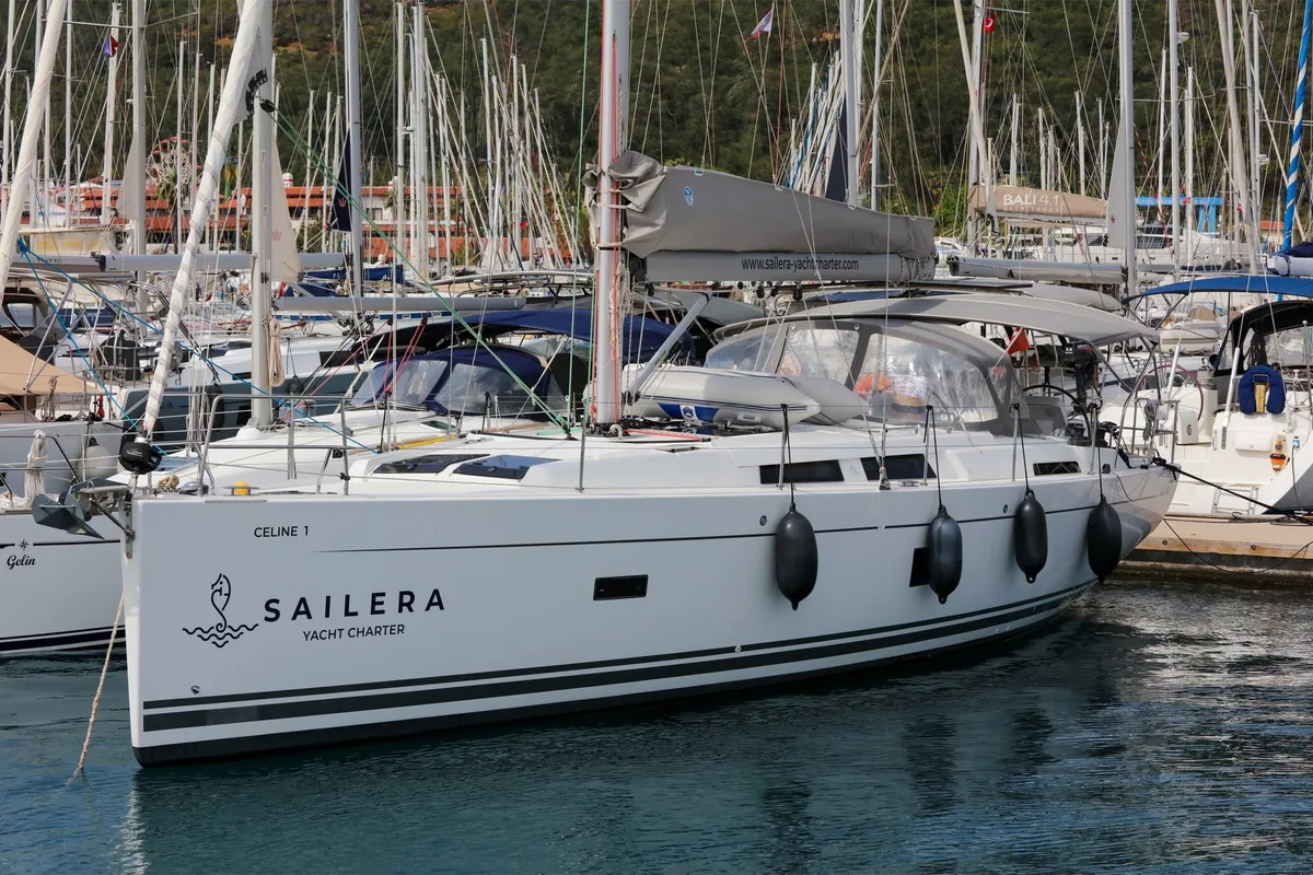 Exterior view of Celine 1, a Hanse 458 sailboat at Marmaris, Turkey
