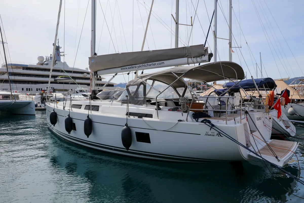 Exterior view of Celine 1, a Hanse 458 sailboat at Marmaris, Turkey